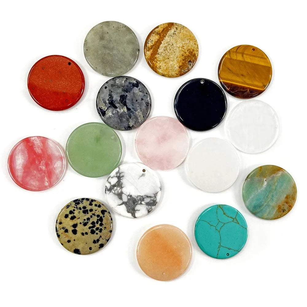 Flat Round Pendant 30mm Crystal Disc Shape Natural Stone Charm Pendant