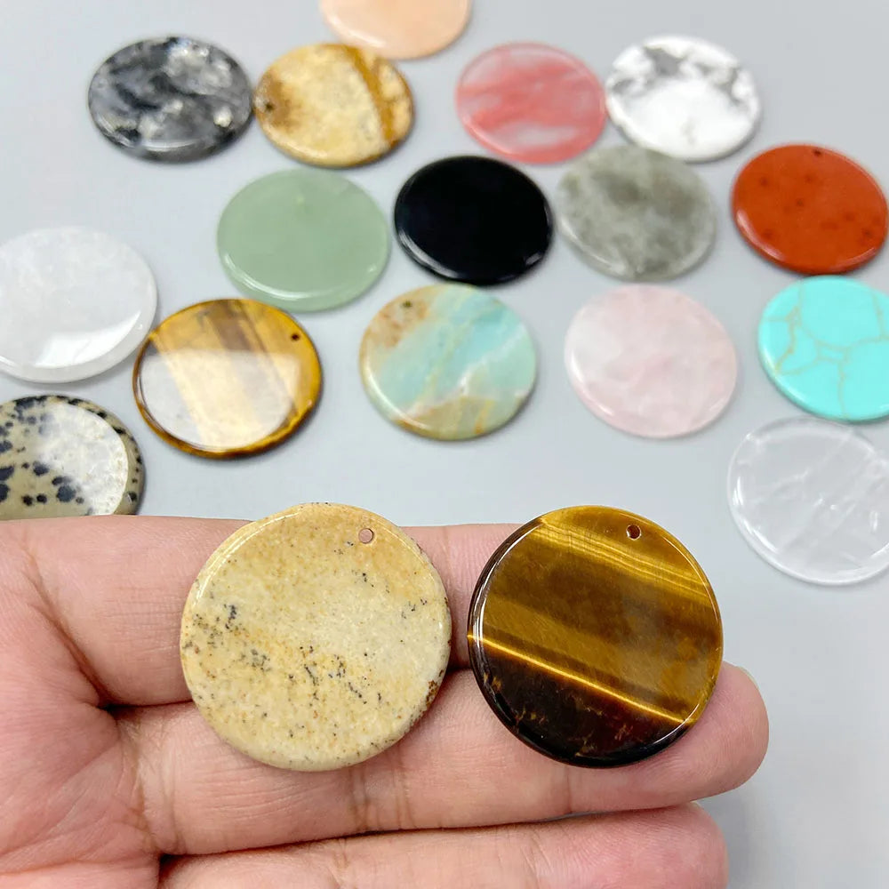 Flat Round Pendant 30mm Crystal Disc Shape Natural Stone Charm Pendant