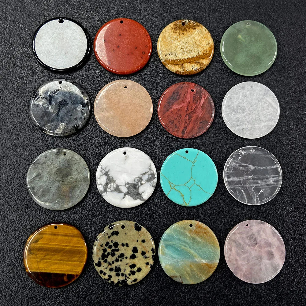 Flat Round Pendant 30mm Crystal Disc Shape Natural Stone Charm Pendant