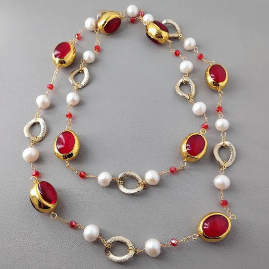 Natural Cultured White Pearls Red Quartz Chain Long Necklace Handmade 47"
