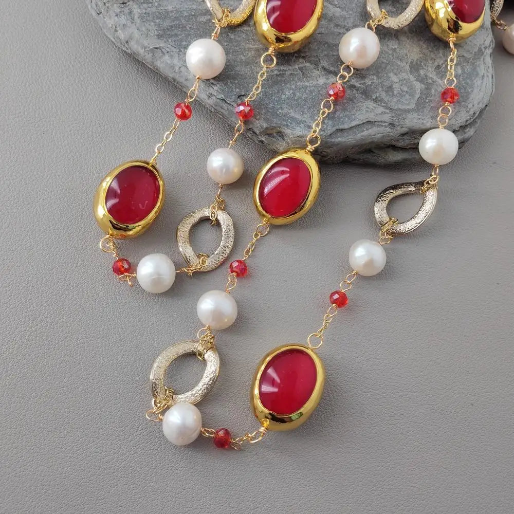 Natural Cultured White Pearls Red Quartz Chain Long Necklace Handmade 47"