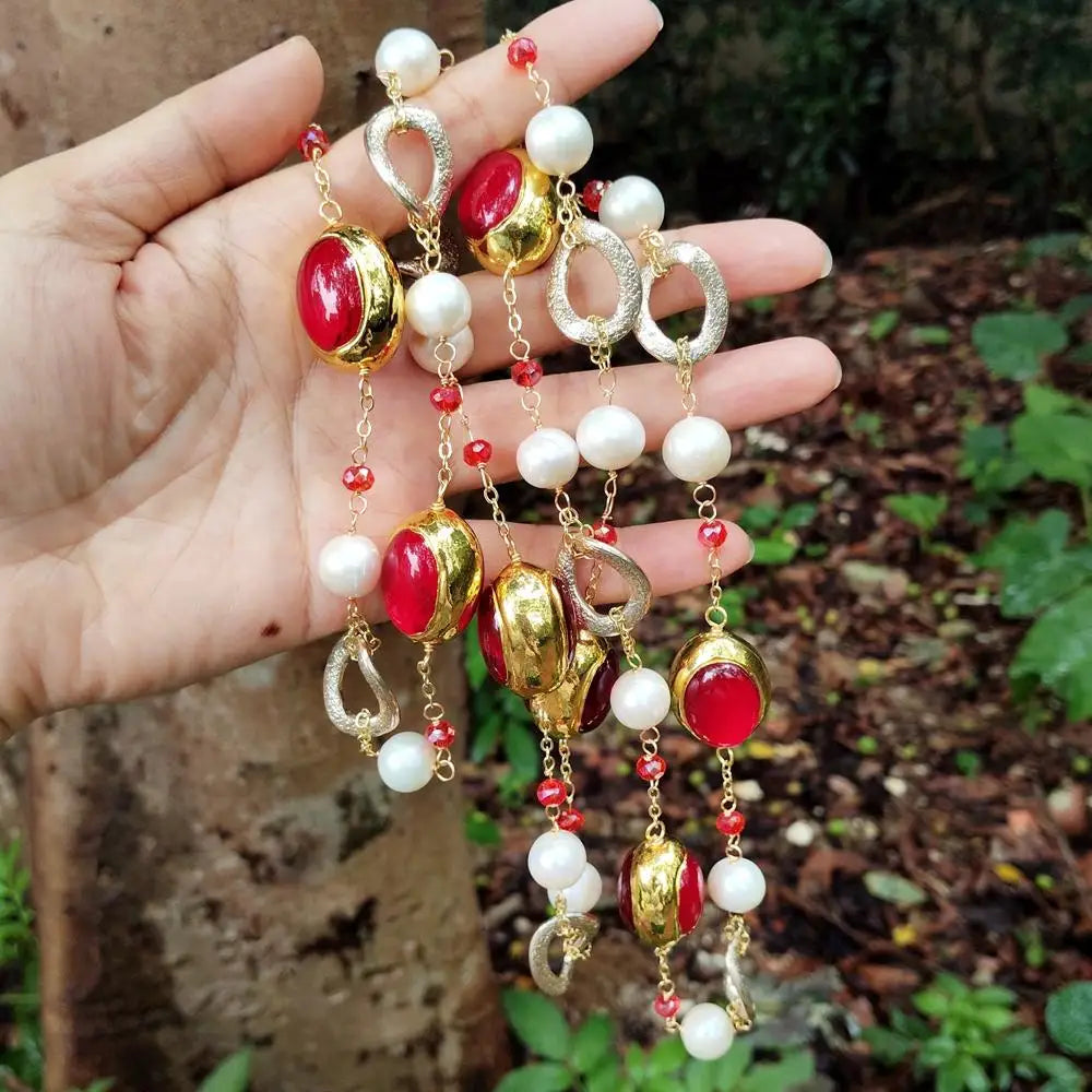 Natural Cultured White Pearls Red Quartz Chain Long Necklace Handmade 47"