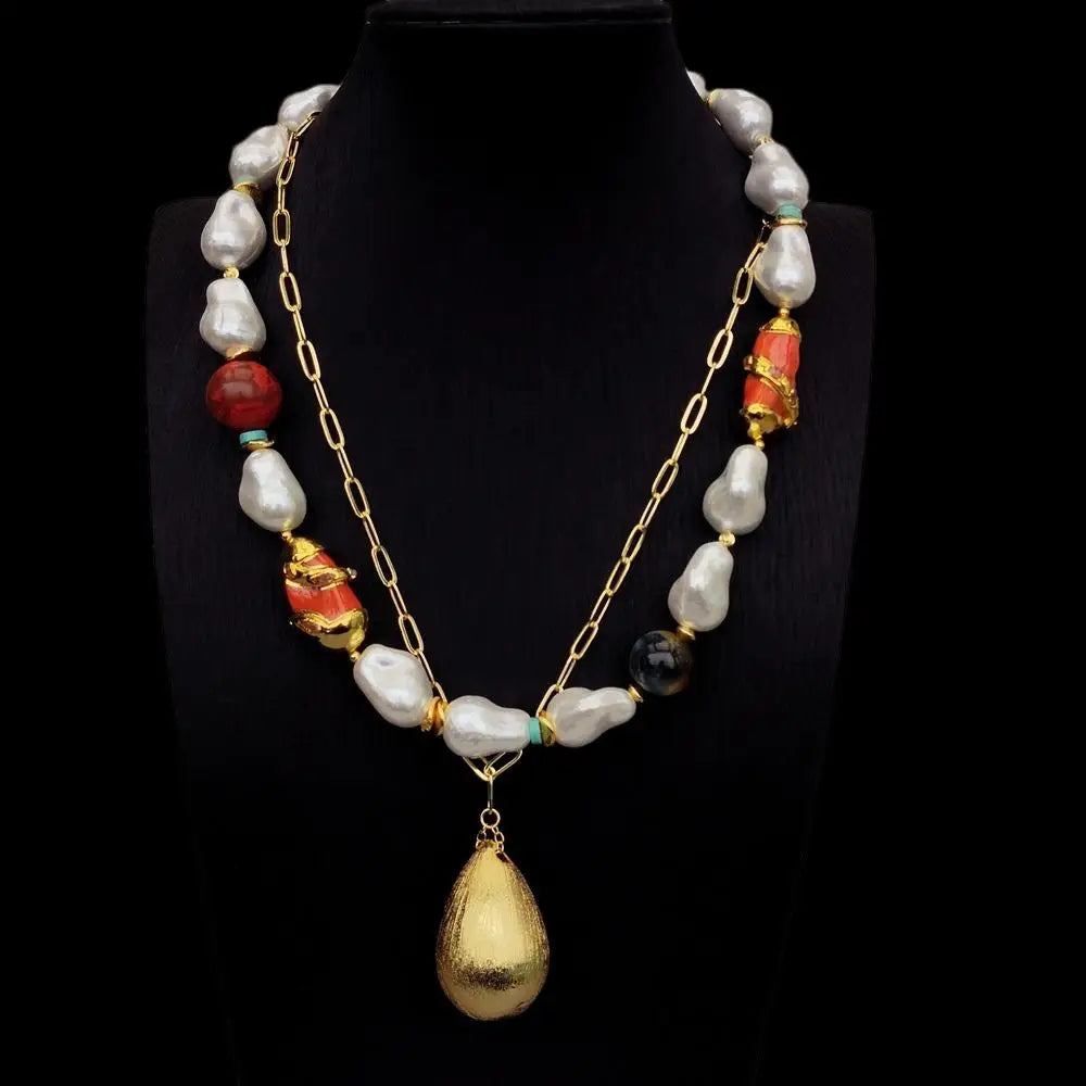White Sea Shell Pearl Orange Coral Tiger Eye Gold Plated Chain Necklace