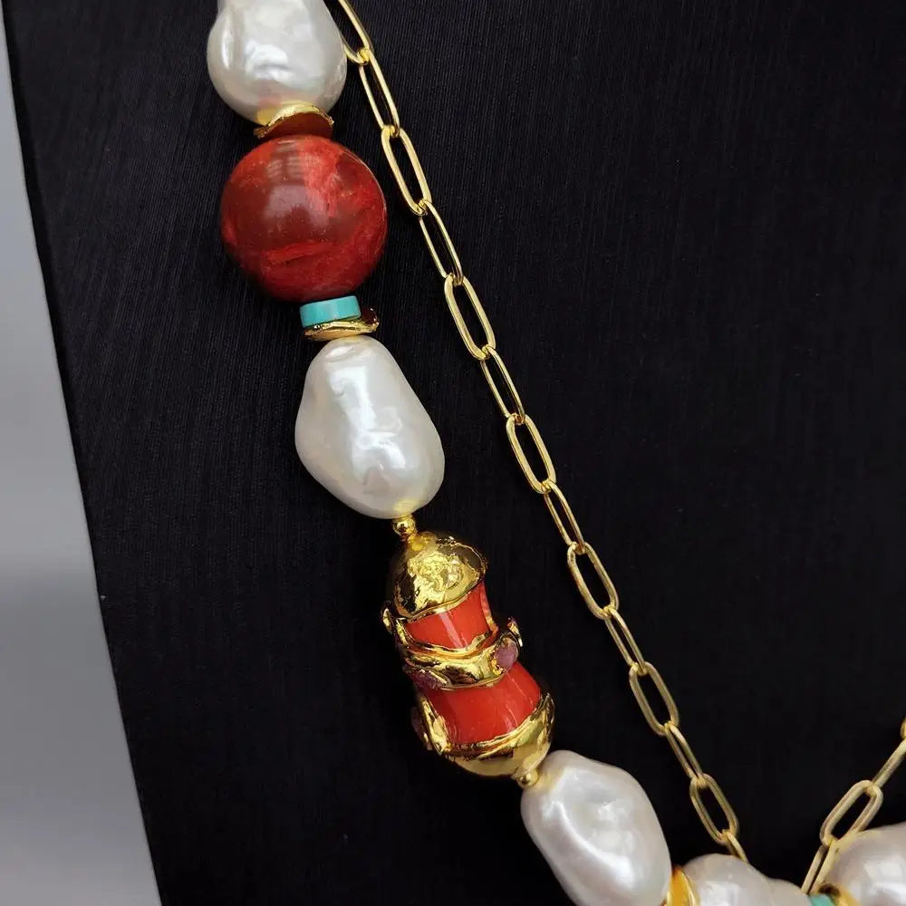 White Sea Shell Pearl Orange Coral Tiger Eye Gold Plated Chain Necklace