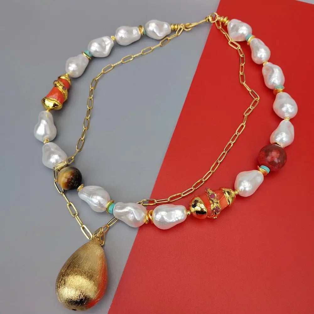 White Sea Shell Pearl Orange Coral Tiger Eye Gold Plated Chain Necklace