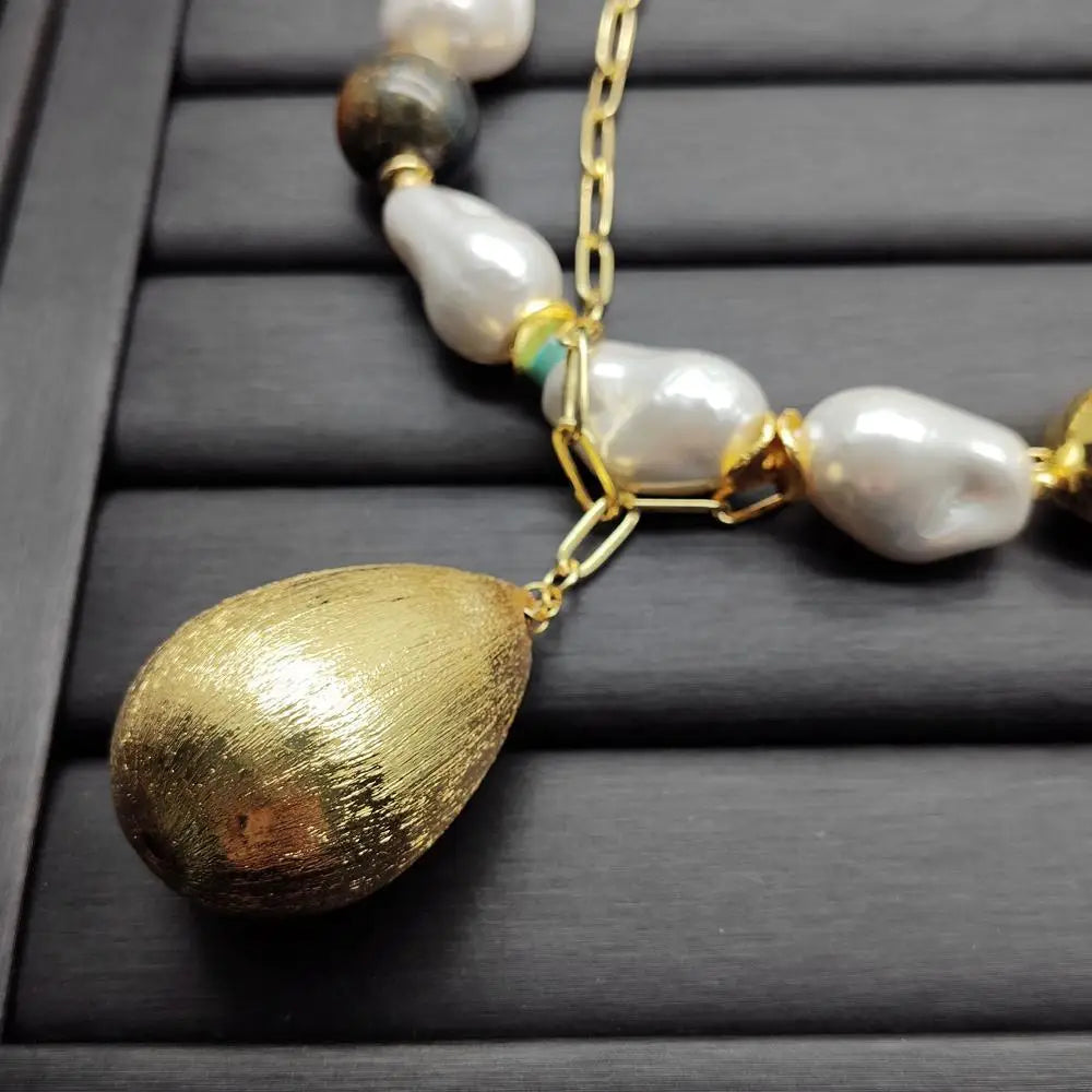 White Sea Shell Pearl Orange Coral Tiger Eye Gold Plated Chain Necklace