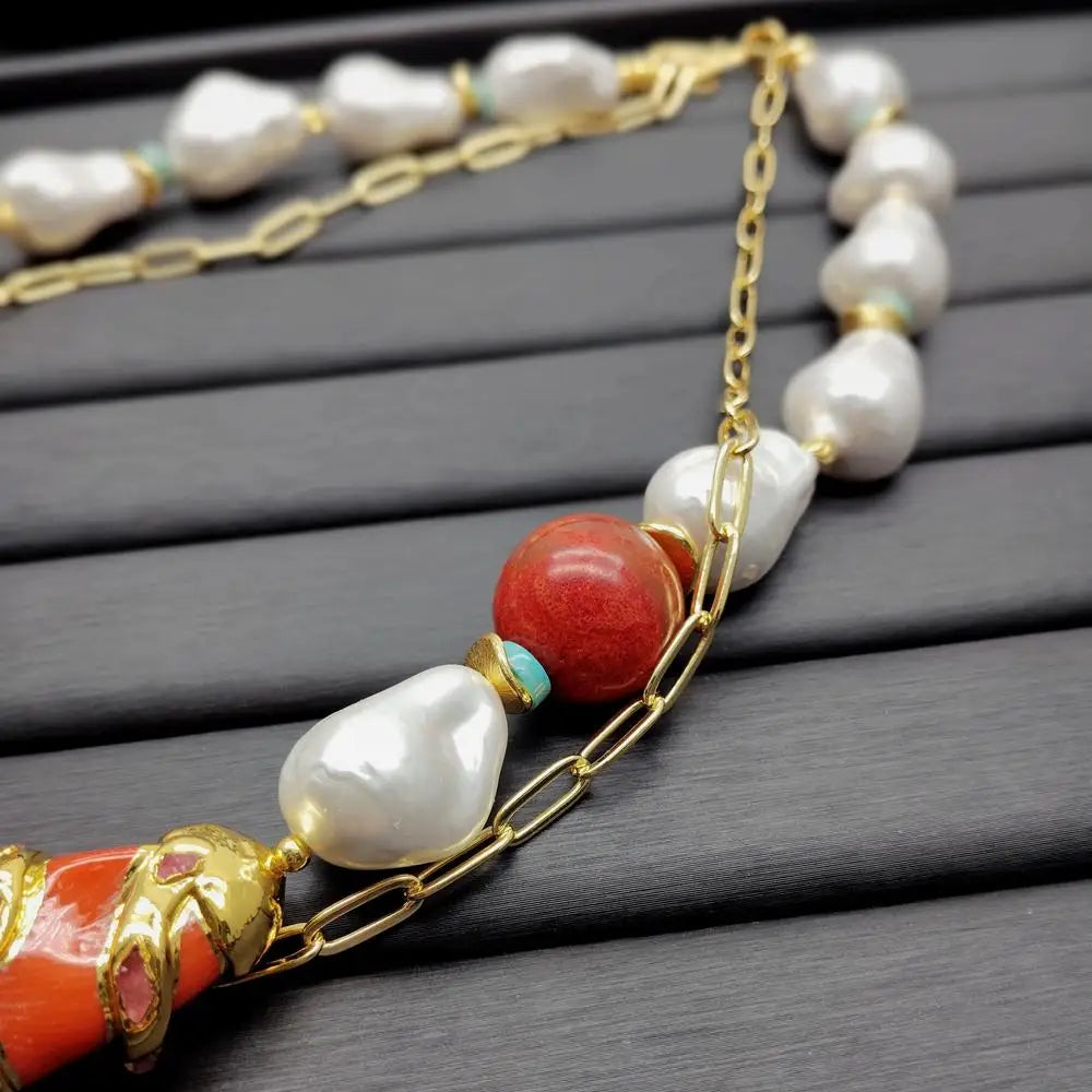 White Sea Shell Pearl Orange Coral Tiger Eye Gold Plated Chain Necklace