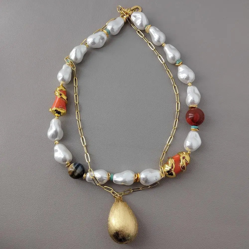 White Sea Shell Pearl Orange Coral Tiger Eye Gold Plated Chain Necklace