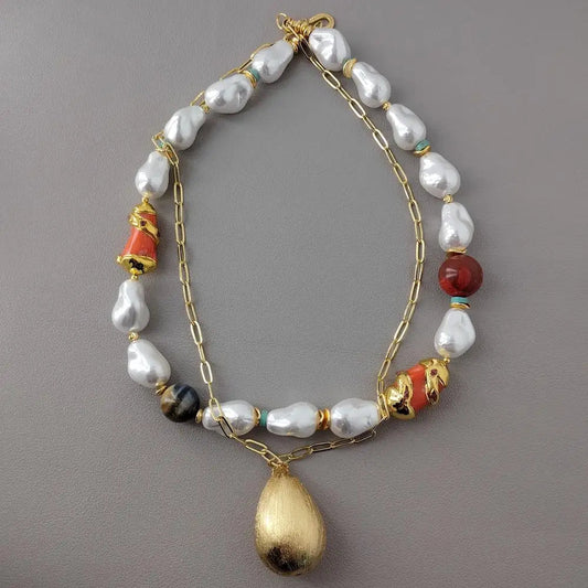 White Sea Shell Pearl Orange Coral Tiger Eye Gold Plated Chain Necklace