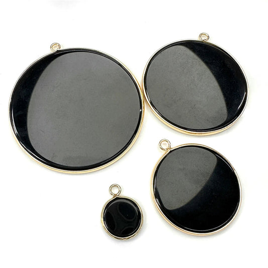 Black Obsidian Disk Round Flat Stone Reiki Healing Pendant Charm 18K Gold Plated
