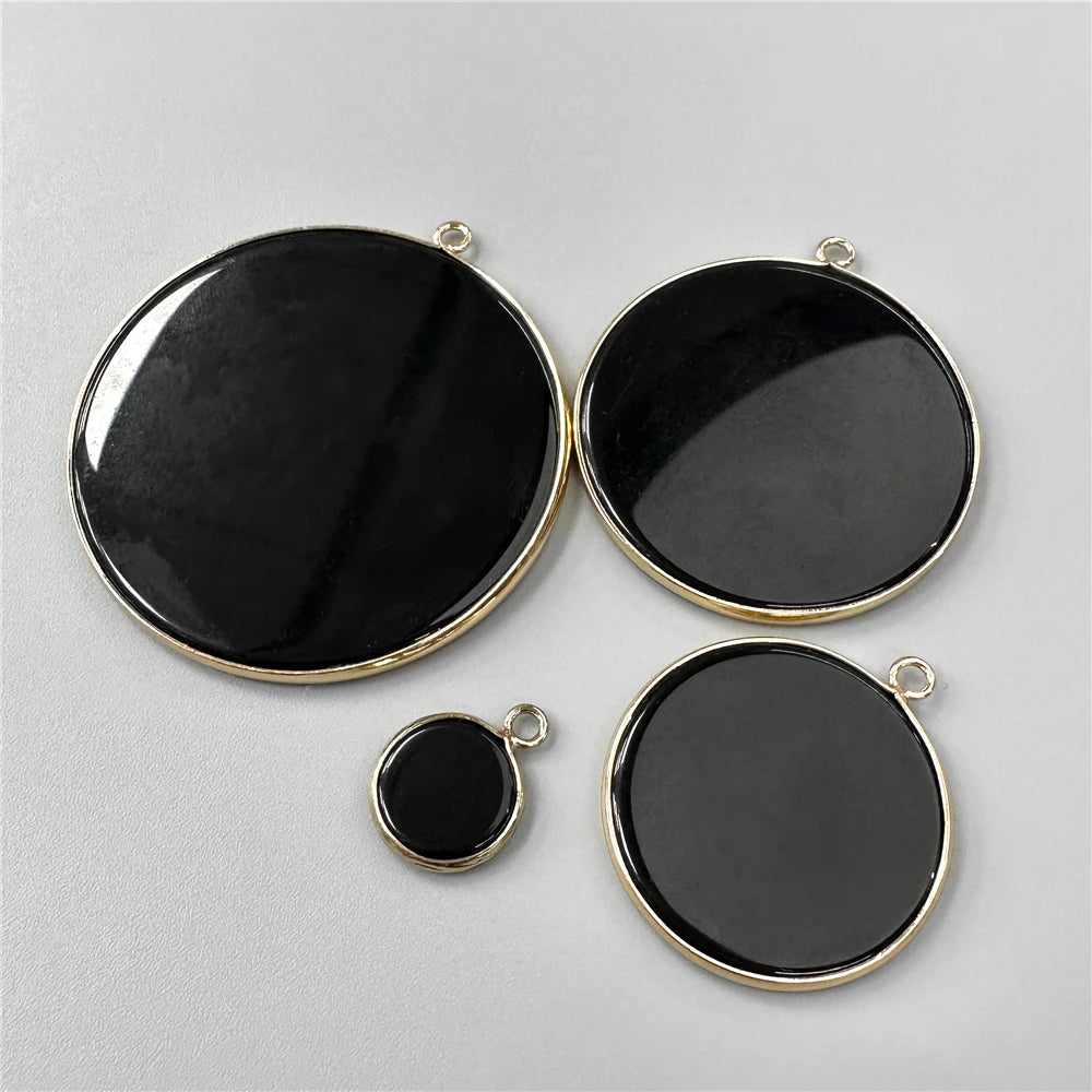 Black Obsidian Disk Round Flat Stone Reiki Healing Pendant Charm 18K Gold Plated