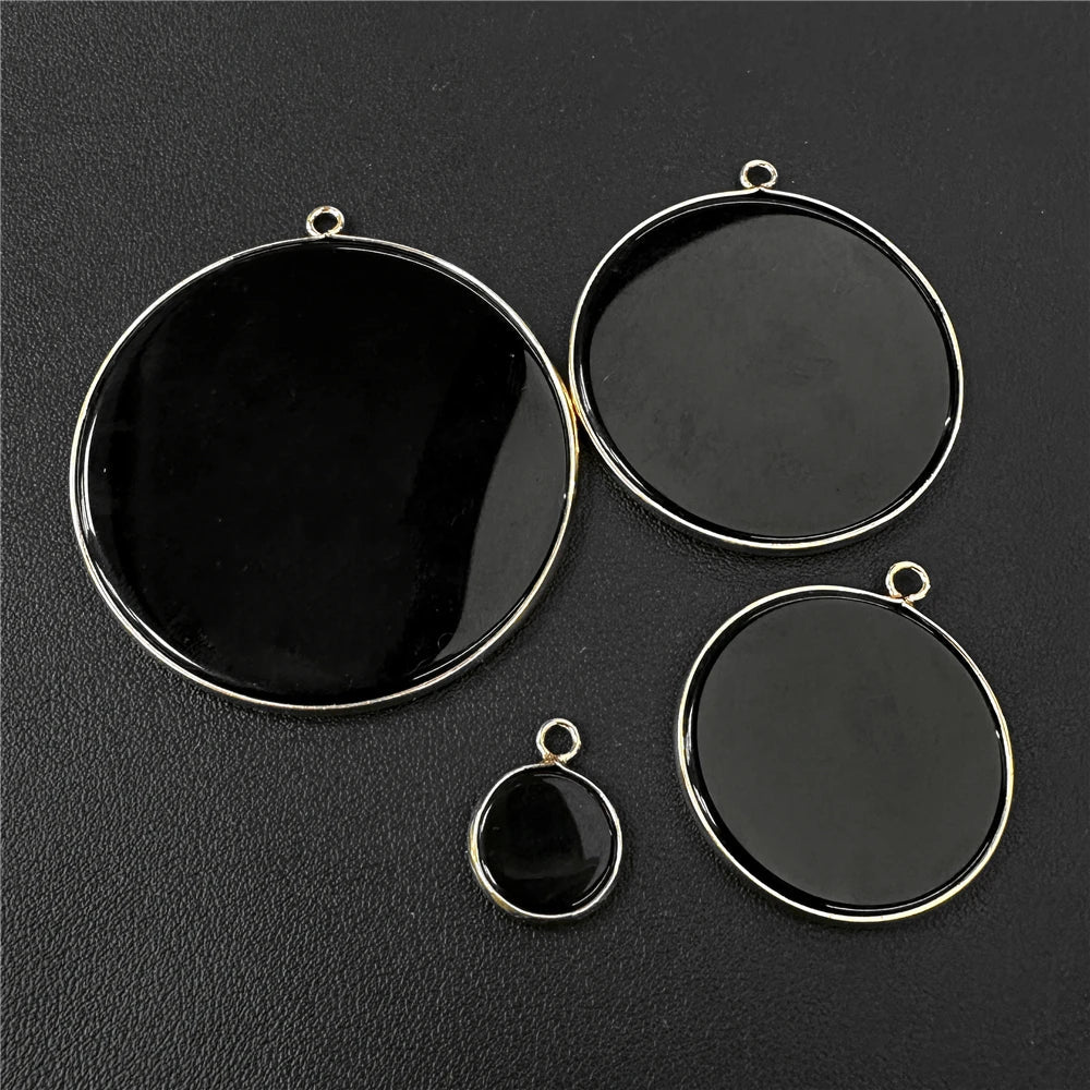 Black Obsidian Disk Round Flat Stone Reiki Healing Pendant Charm 18K Gold Plated