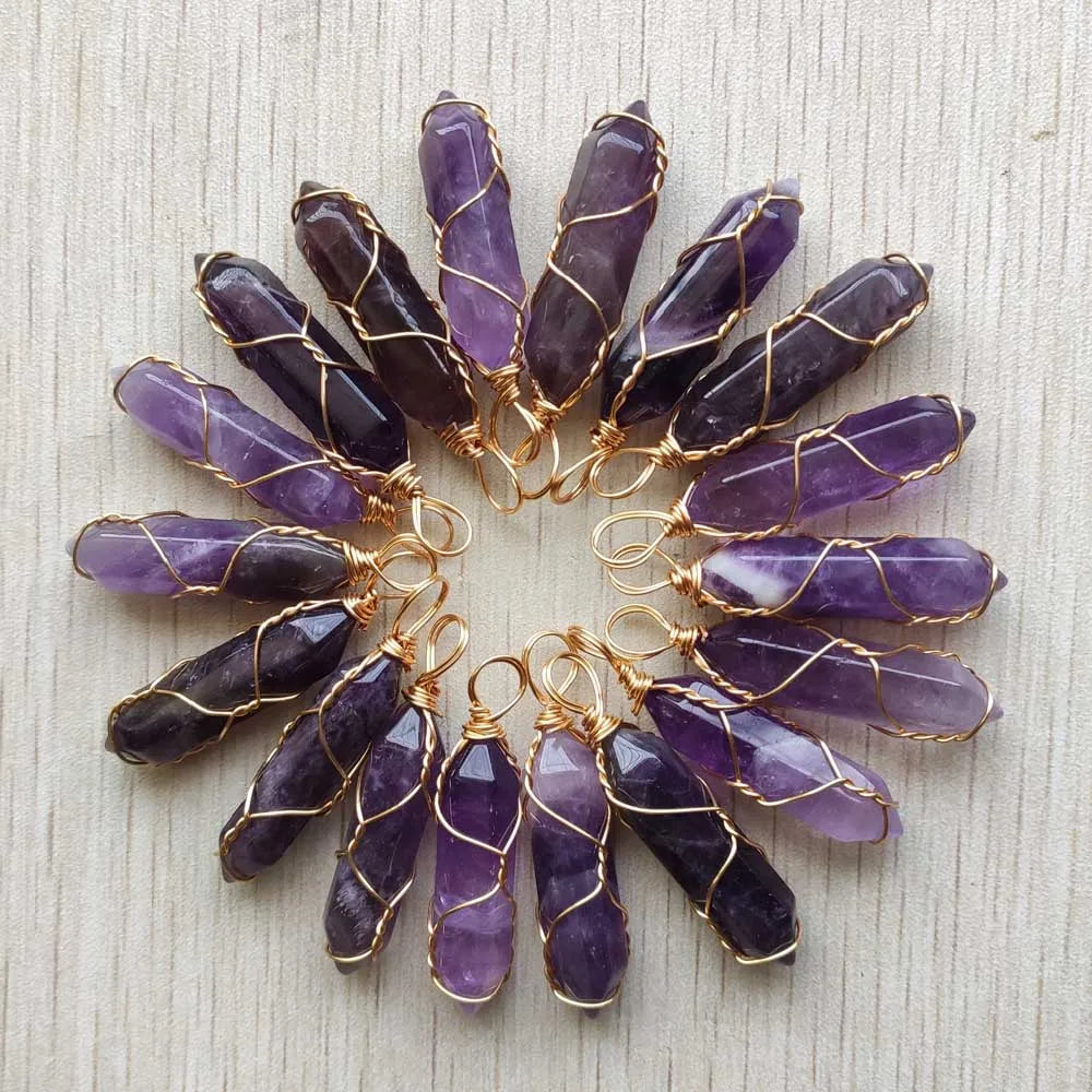 20pcs Natural amethyst stone pillar gold plated wire pendants for jewelry making
