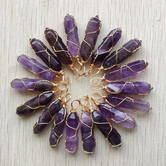 20pcs Natural amethyst stone pillar gold plated wire pendants for jewelry making