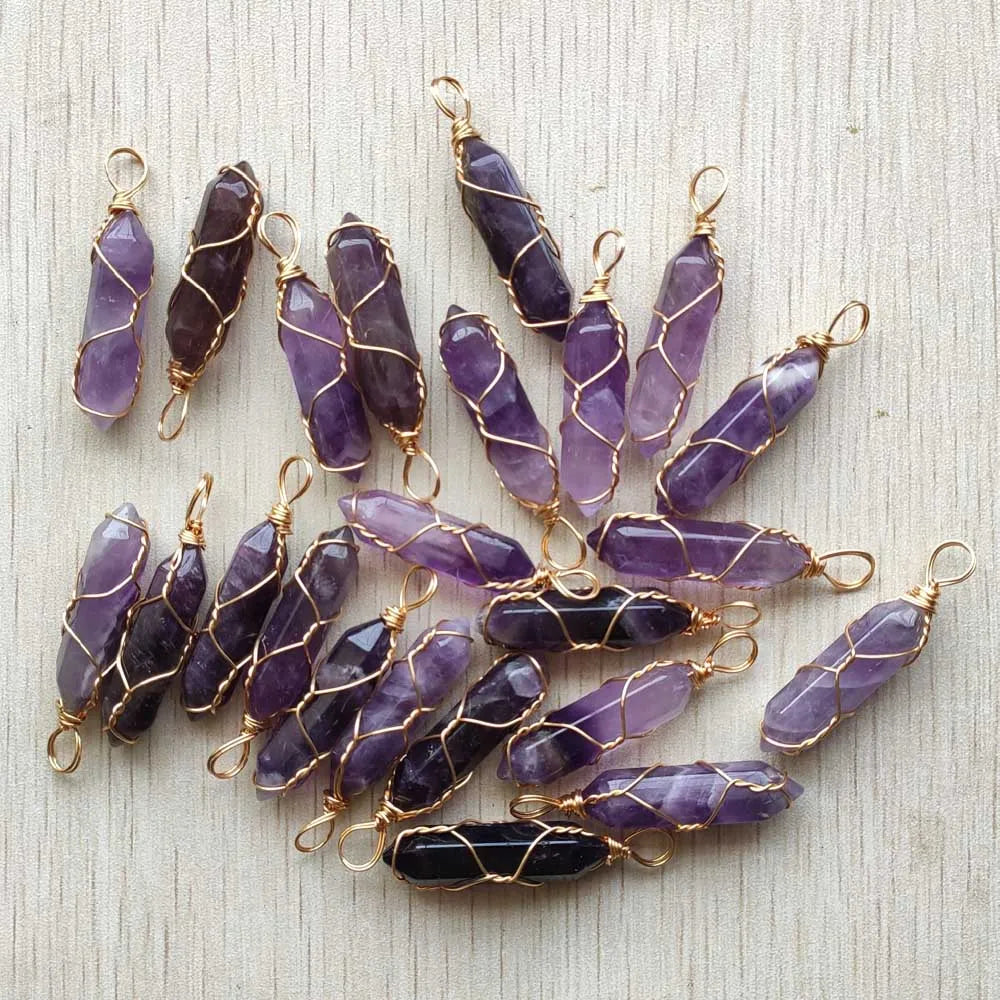 20pcs Natural amethyst stone pillar gold plated wire pendants for jewelry making