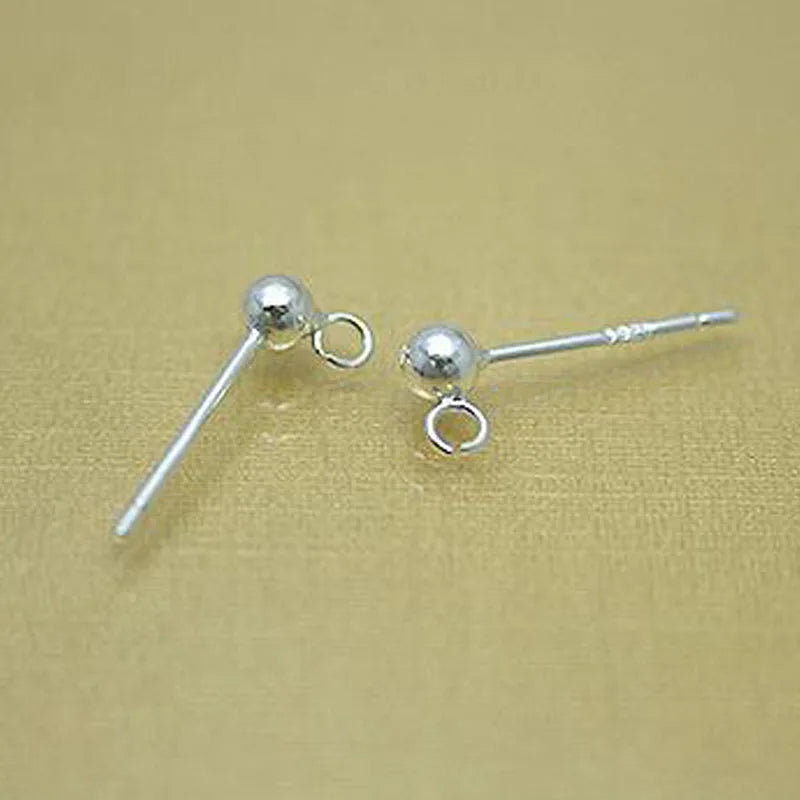 8pcs Solid 925 Sterling Silver Earring Post Base Pins With Ring Round Ball Earring Needle