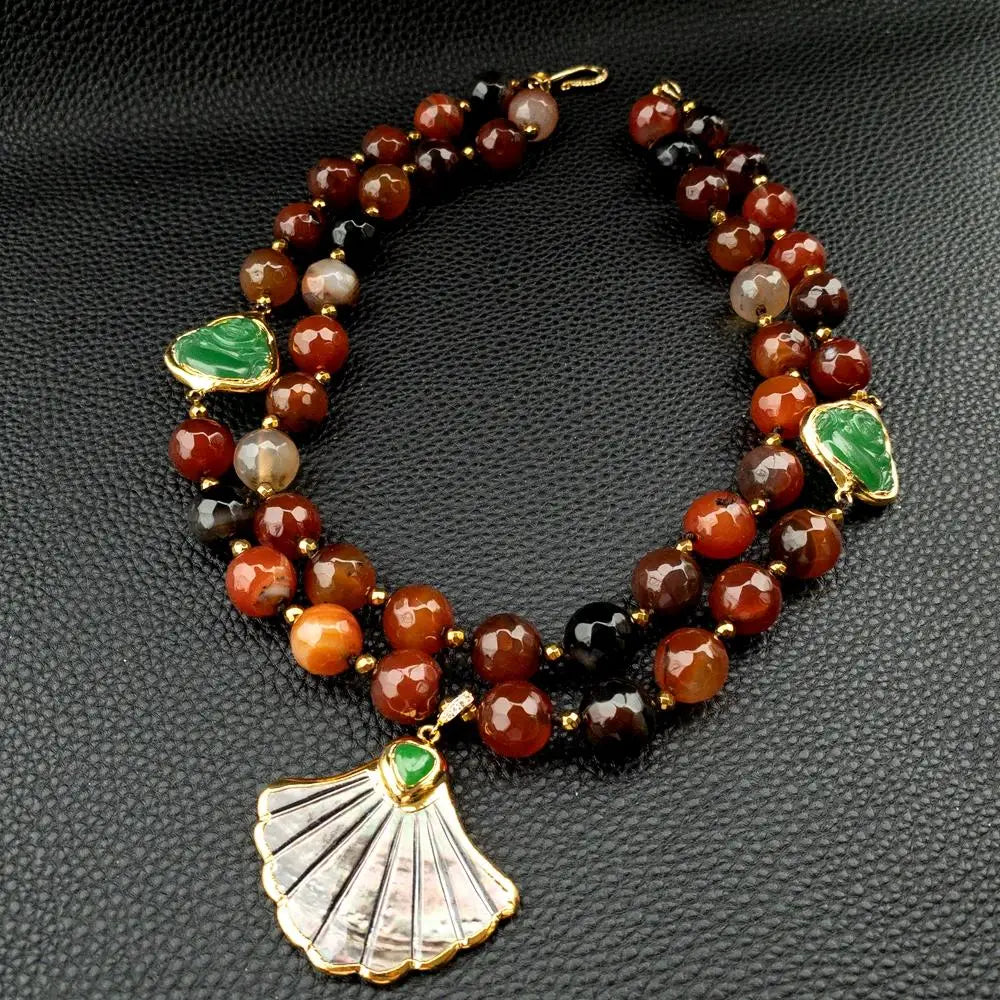 Statement Necklace 2 Rows Magic Agate Green Jade Buddha Black Shell Pendant 18"