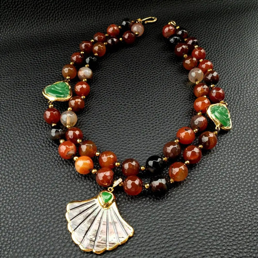 Statement Necklace 2 Rows Magic Agate Green Jade Buddha Black Shell Pendant 18"