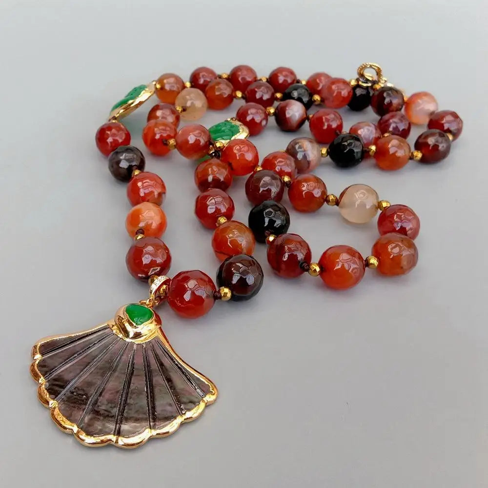 Statement Necklace 2 Rows Magic Agate Green Jade Buddha Black Shell Pendant 18"