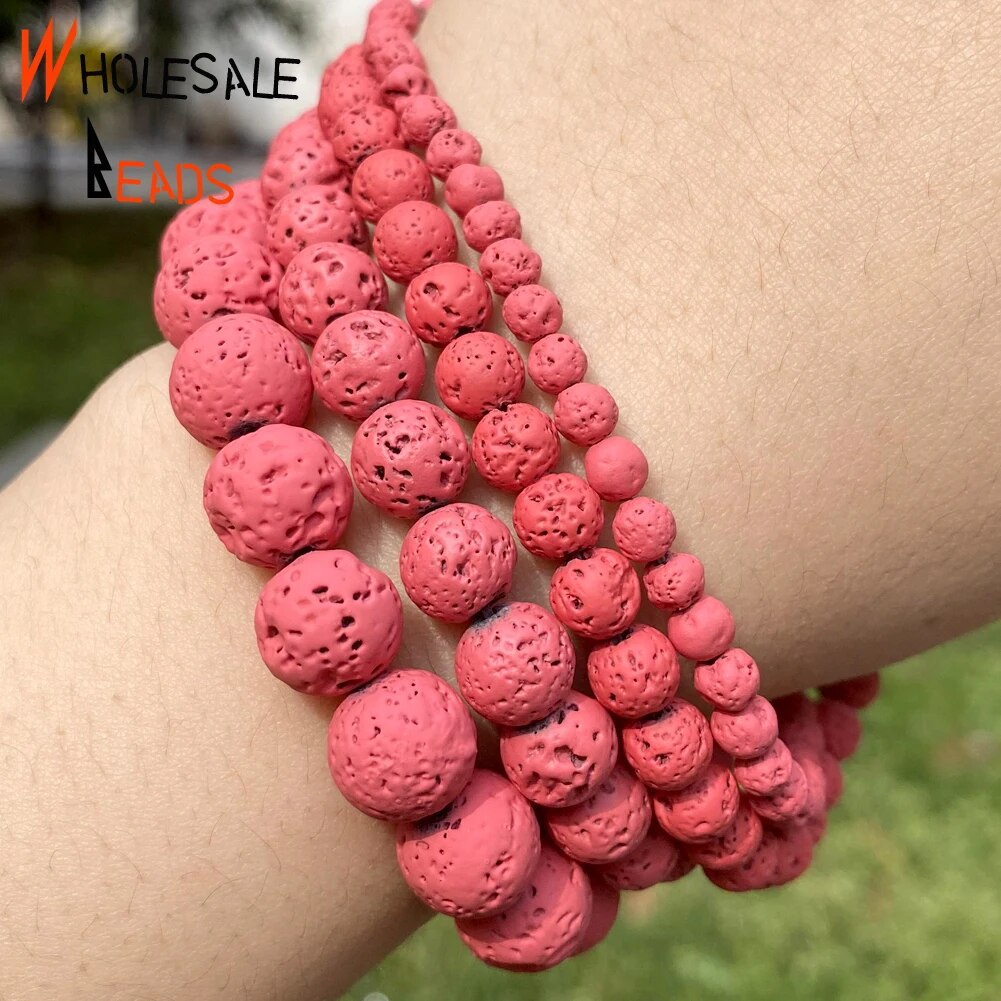 4-10mm Natural Stone Rose Red Volcanic Rock Lava Round Spacer Loose Beads For DIY Jewelry Making -15"strand