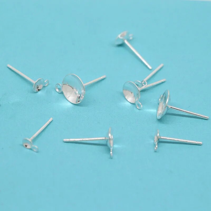 8pcs Solid 925 Sterling Plain Silver Earring Stud Needle Post Bow Head Base Pins With Hoop Settings DIY Jewelry Making