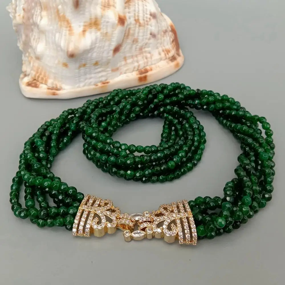 4 Strands 4mm Faceted Round Green Jade Multi Strands Necklace CZ Pave clasp 19"