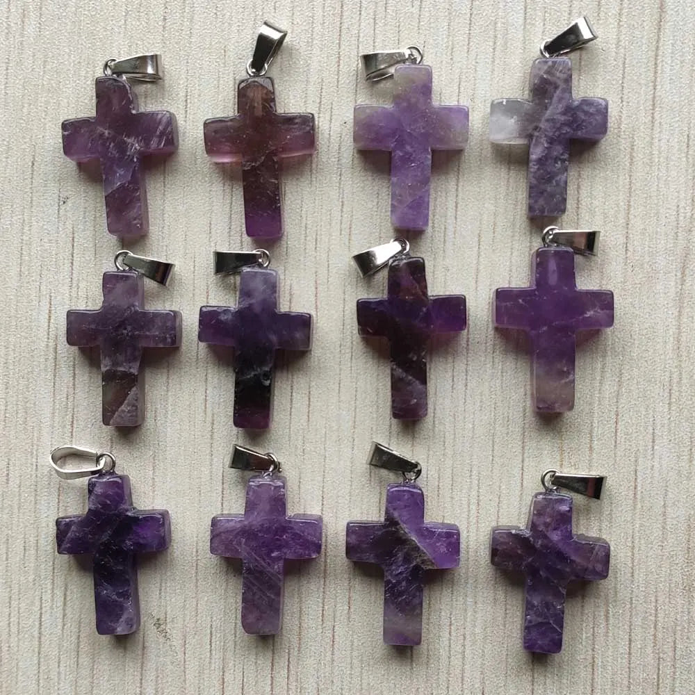 36pcs/lot Beautiful Natural Amethysts stone Cross shape charms pendants for jewelry accessories making