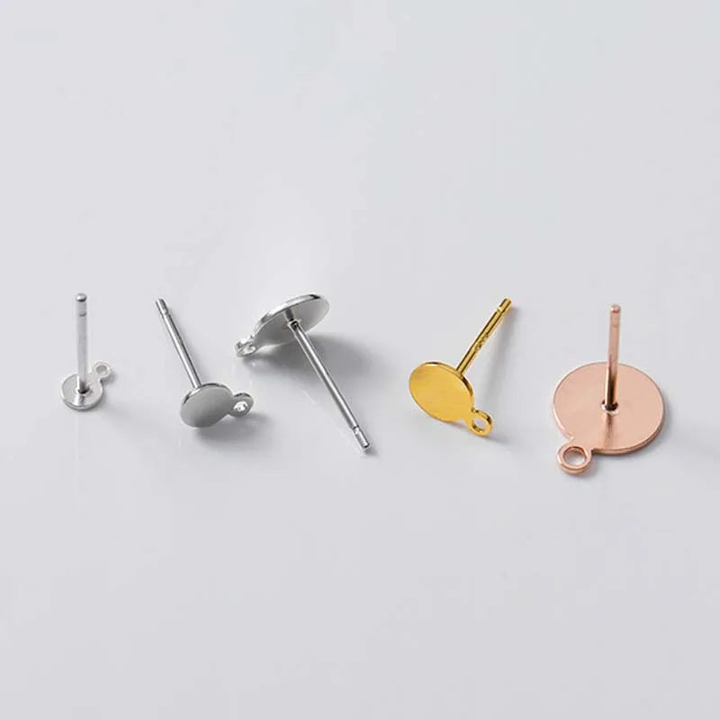 8pcs Solid 925 Sterling Silver Earring Stud Needle Post Flat Base Pins With Ring Settings DIY Jewelry Making Findings