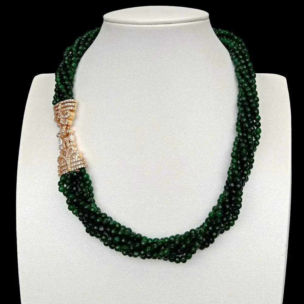 4 Strands 4mm Faceted Round Green Jade Multi Strands Necklace CZ Pave clasp 19"