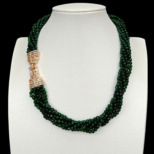 4 Strands 4mm Faceted Round Green Jade Multi Strands Necklace CZ Pave clasp 19"