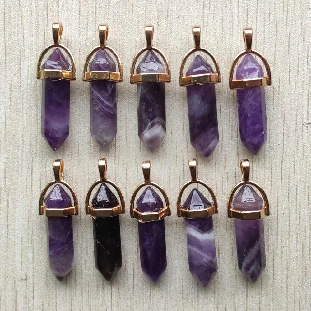 24pcs/lot natural amethysts stone gold color alloy pillar charms pendants for jewelry making