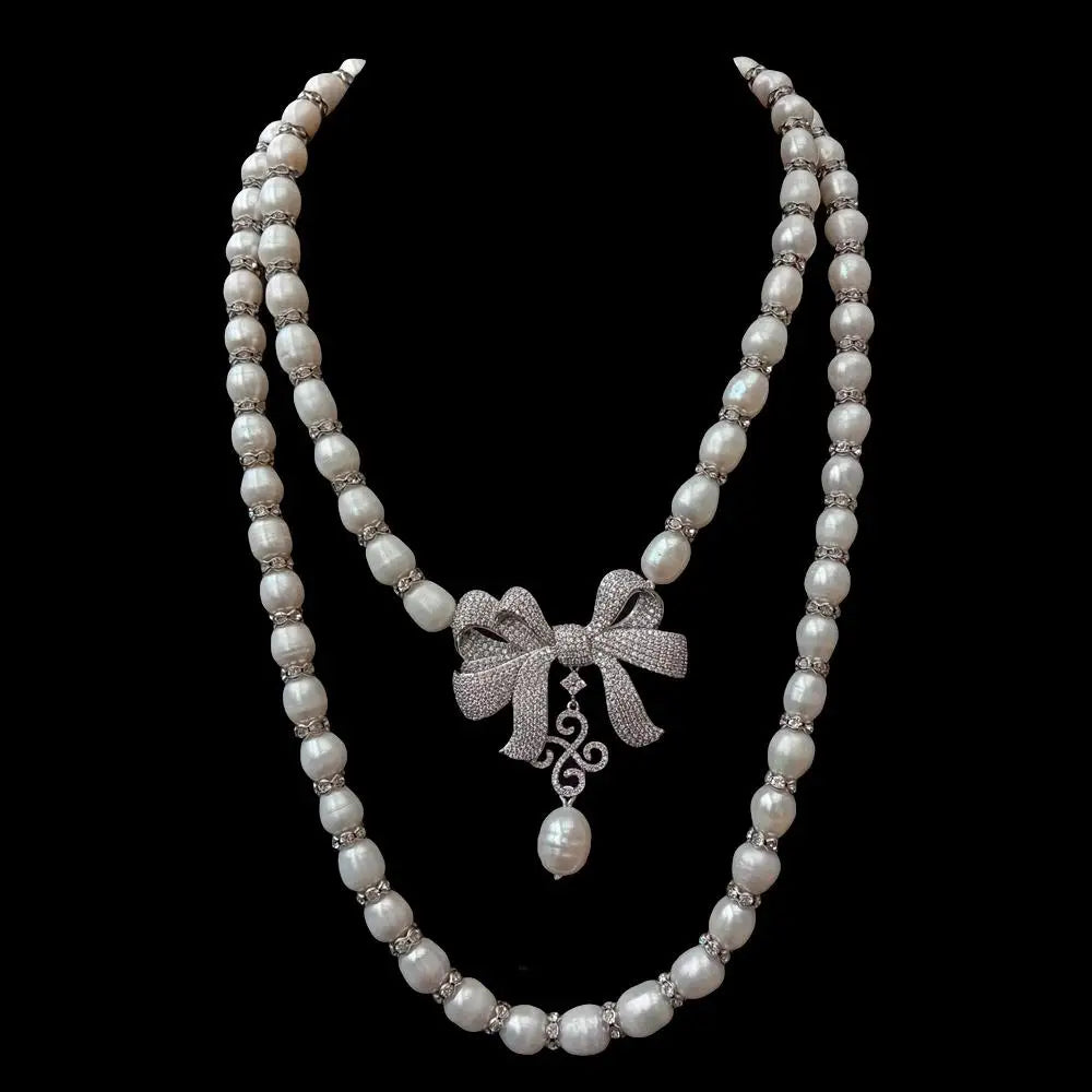2 Rows Freshwater White Rice Pearl Necklace Bowknot Cubic Zirconia Pave Pendant