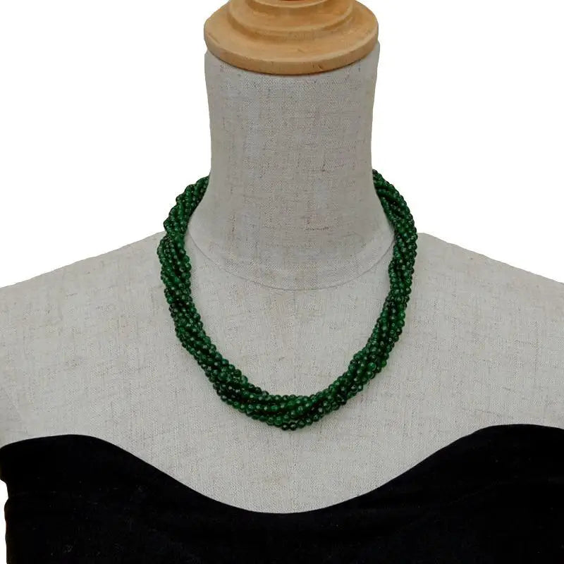 4 Strands 4mm Faceted Round Green Jade Multi Strands Necklace CZ Pave clasp 19"