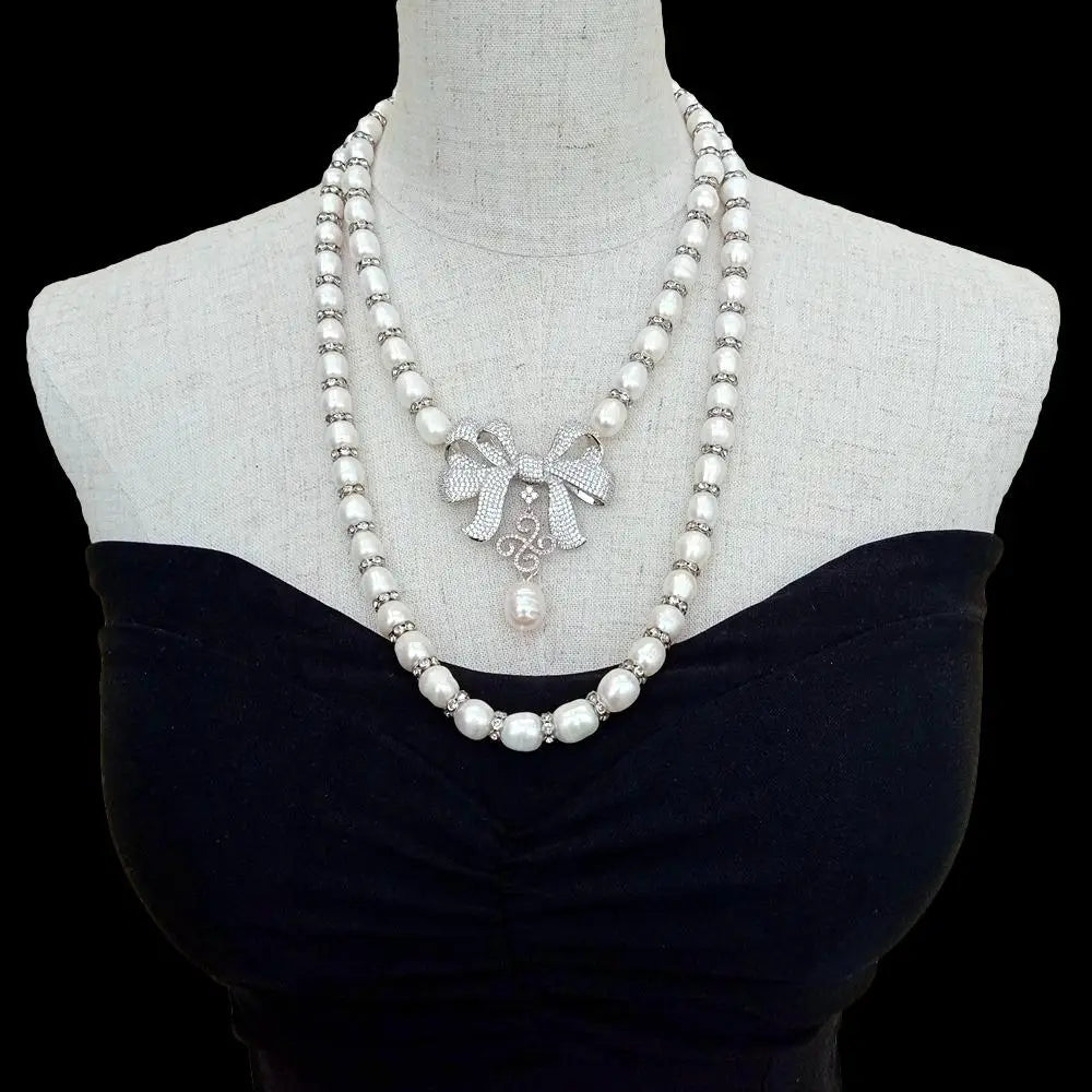 2 Rows Freshwater White Rice Pearl Necklace Bowknot Cubic Zirconia Pave Pendant