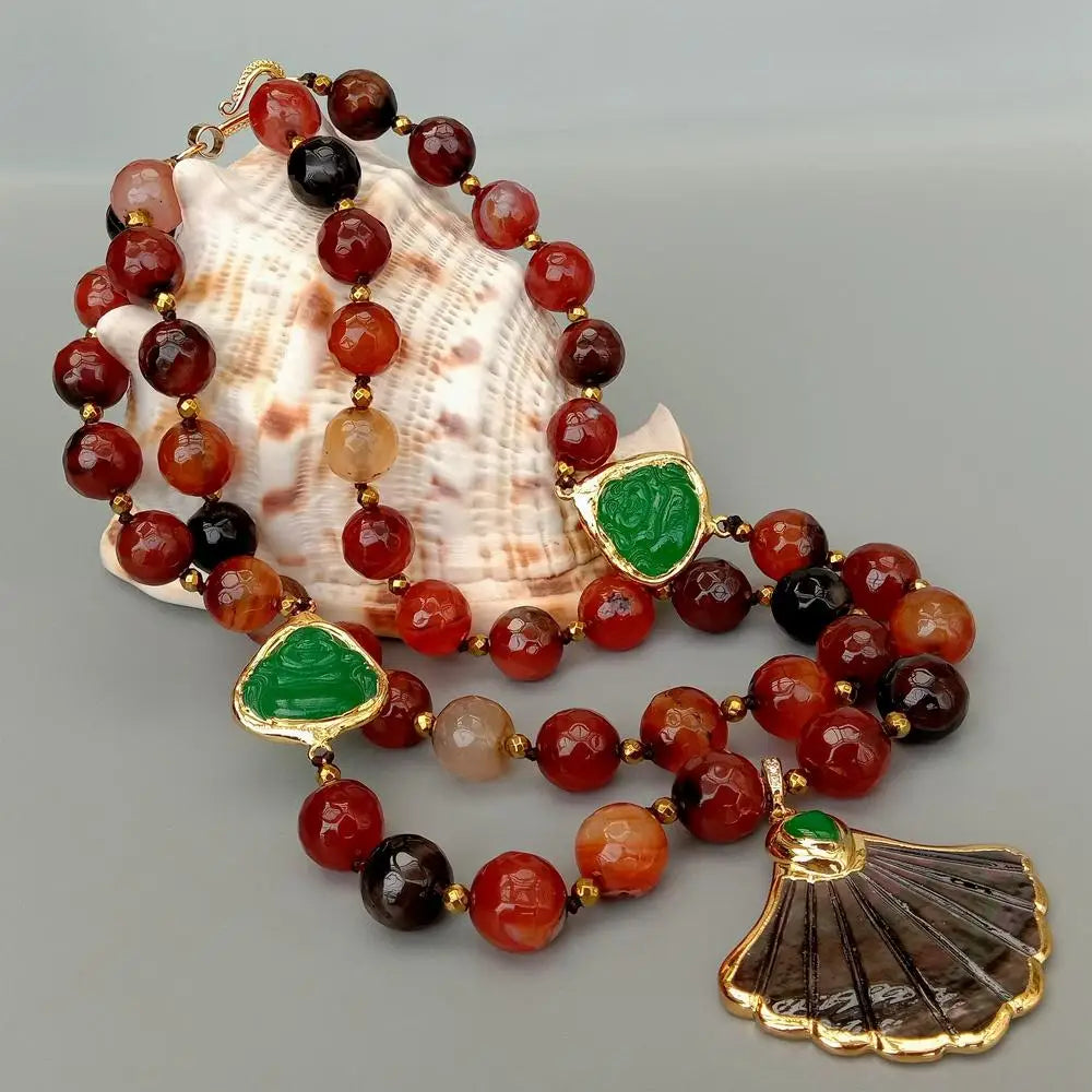 Statement Necklace 2 Rows Magic Agate Green Jade Buddha Black Shell Pendant 18"