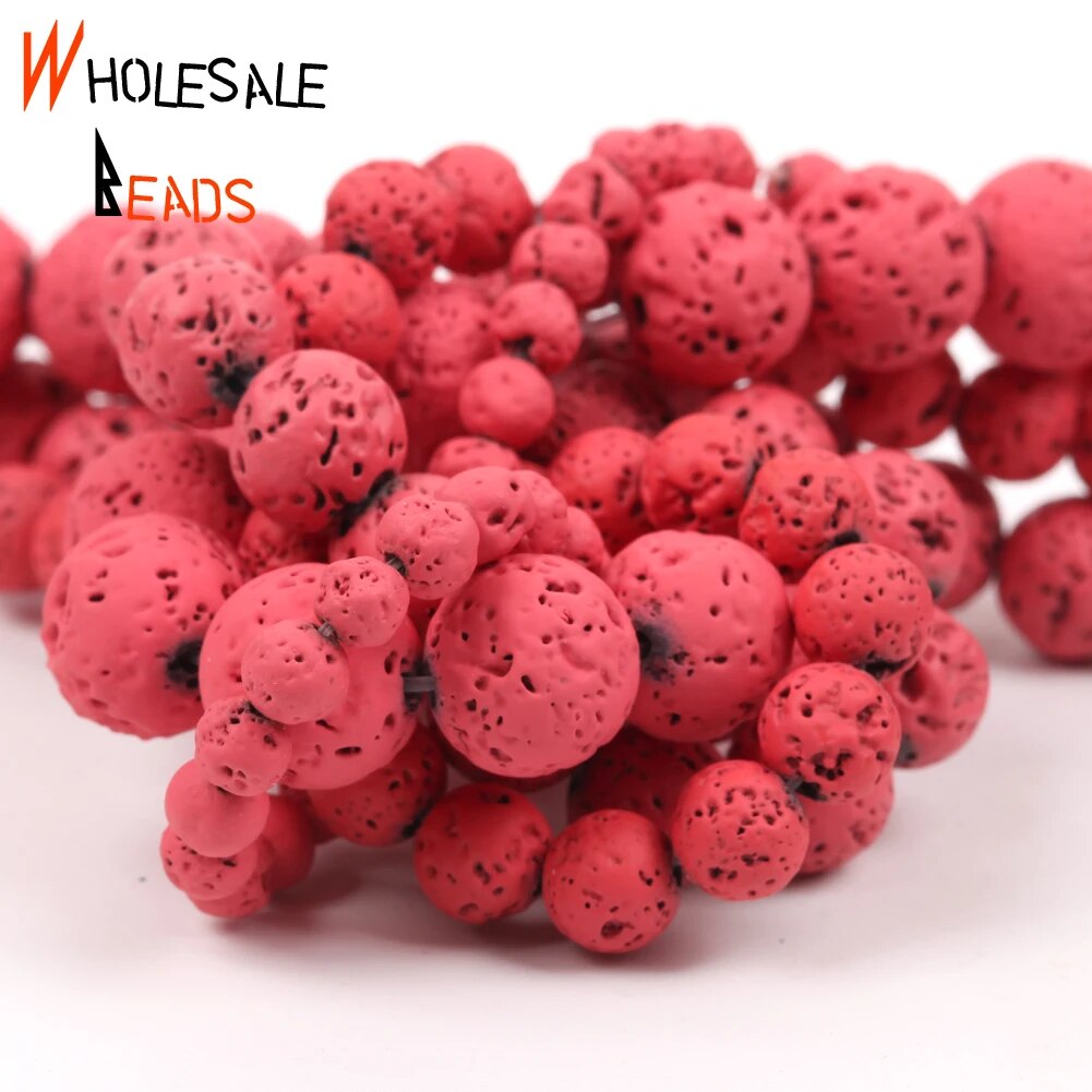 4-10mm Natural Stone Rose Red Volcanic Rock Lava Round Spacer Loose Beads For DIY Jewelry Making -15"strand