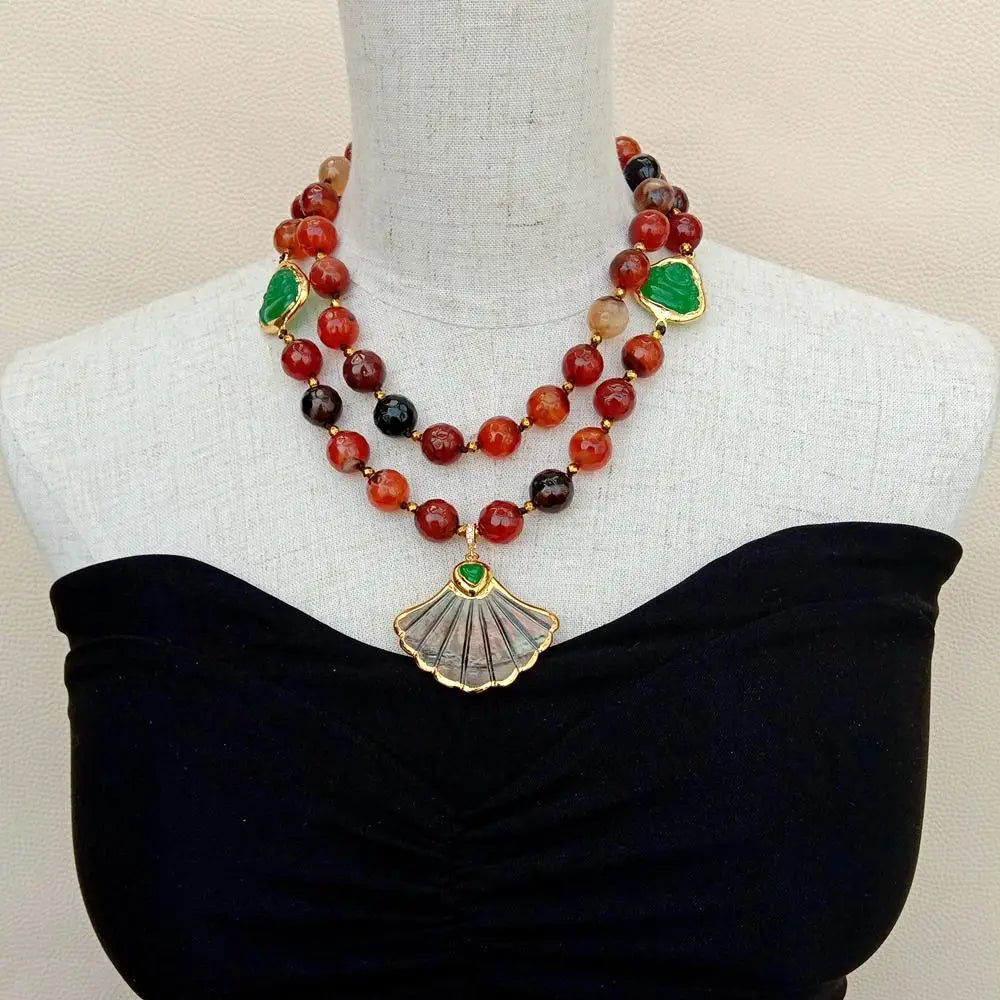 Statement Necklace 2 Rows Magic Agate Green Jade Buddha Black Shell Pendant 18"