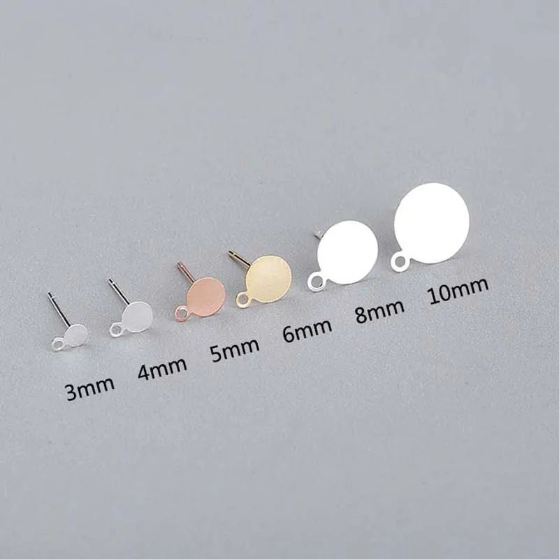 8pcs Solid 925 Sterling Silver Earring Stud Needle Post Flat Base Pins With Ring Settings DIY Jewelry Making Findings