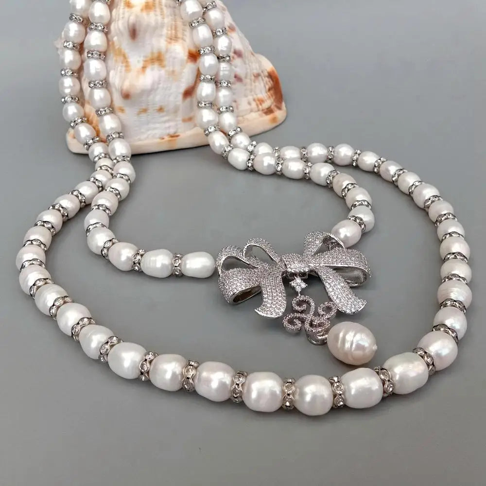 2 Rows Freshwater White Rice Pearl Necklace Bowknot Cubic Zirconia Pave Pendant