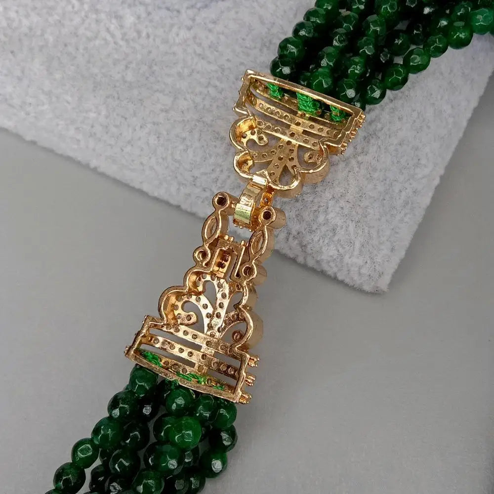 4 Strands 4mm Faceted Round Green Jade Multi Strands Necklace CZ Pave clasp 19"