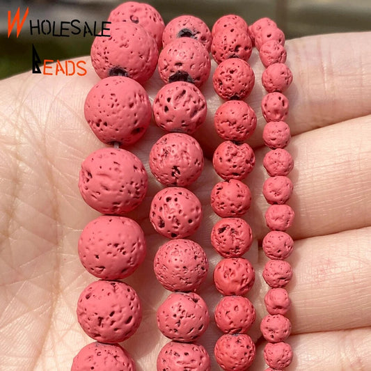 4-10mm Natural Stone Rose Red Volcanic Rock Lava Round Spacer Loose Beads For DIY Jewelry Making -15"strand