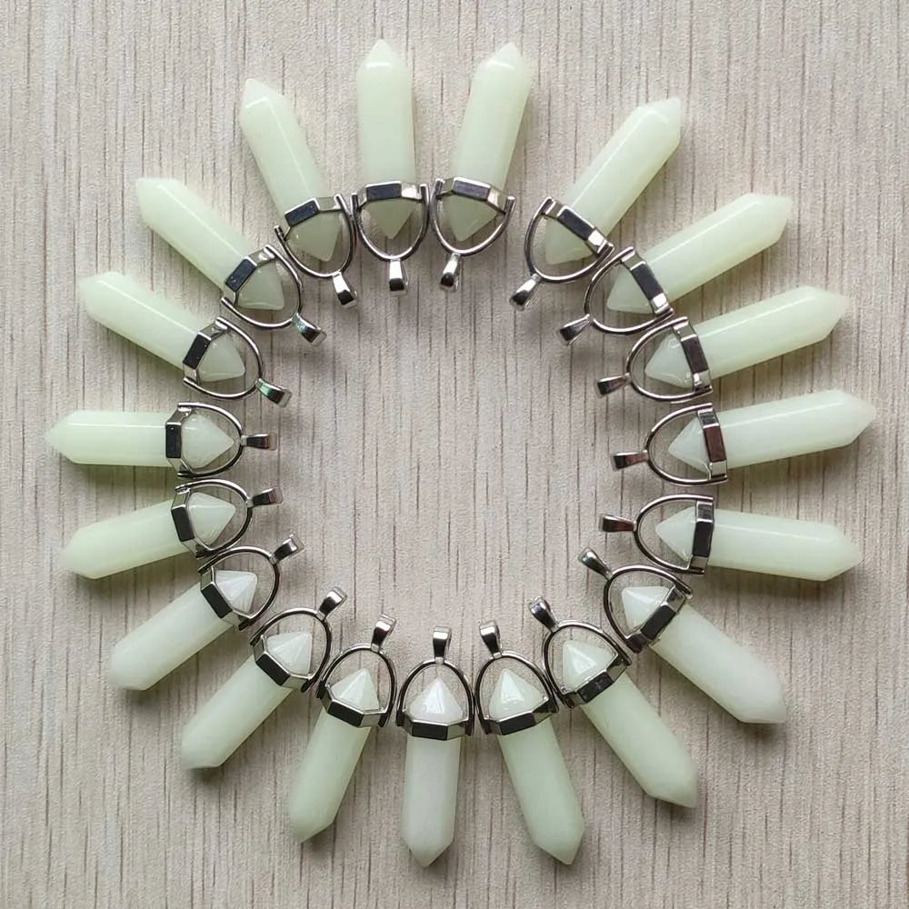 24pcs/lot fashion green luminous stone pillar shape point charms pendants for jewelry making