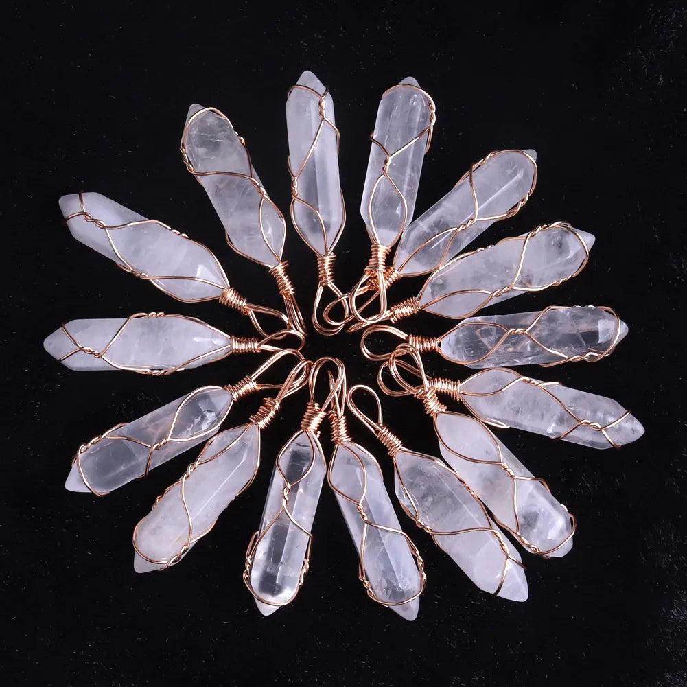 25PCS Natural Clear Crystal Necklace Pendants Wire Wrap Hexagonal Pendant For Jewelry Making