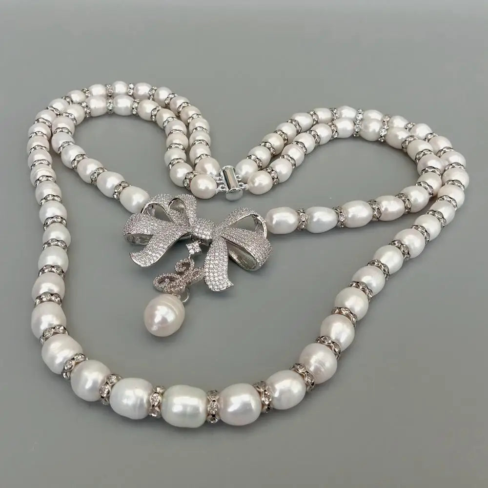 2 Rows Freshwater White Rice Pearl Necklace Bowknot Cubic Zirconia Pave Pendant