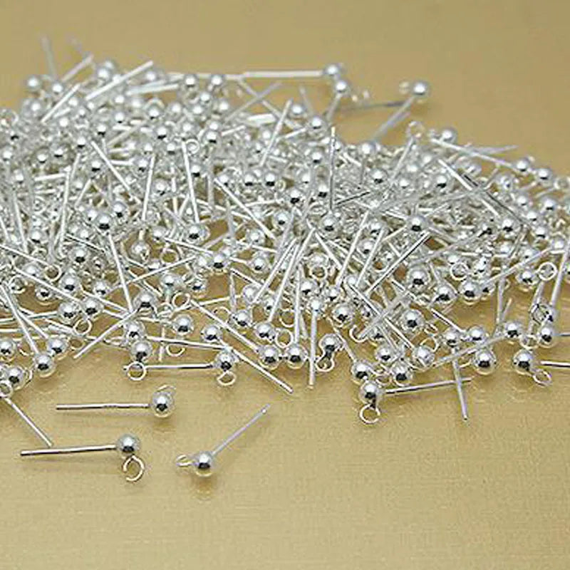 8pcs Solid 925 Sterling Silver Earring Post Base Pins With Ring Round Ball Earring Needle