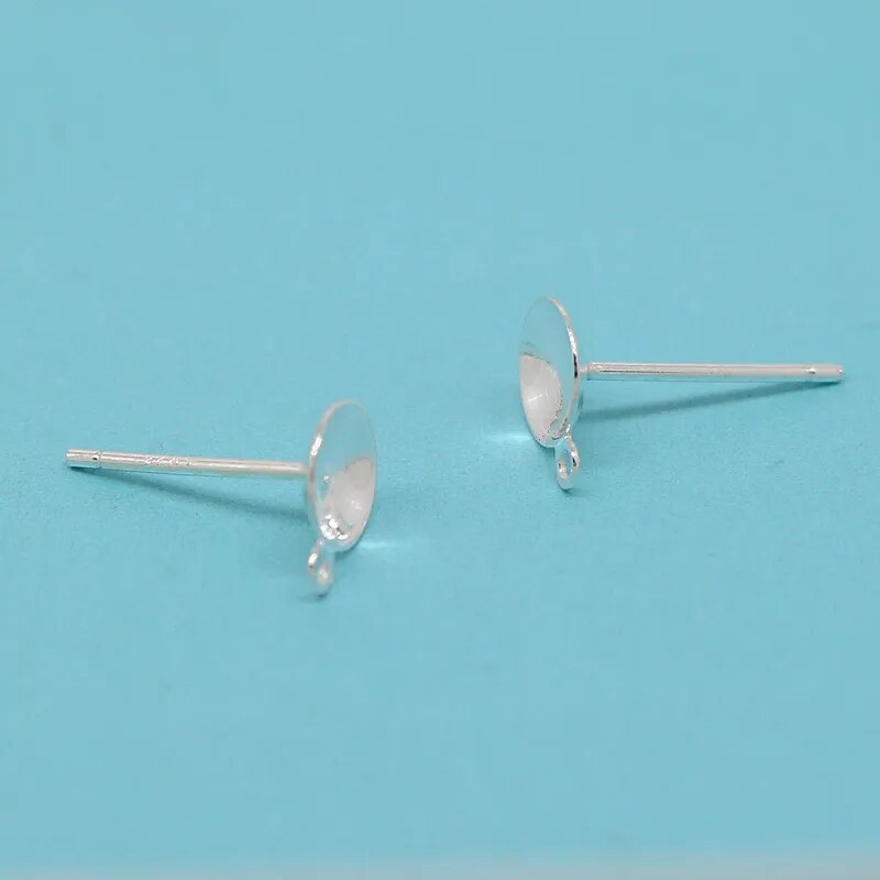 8pcs Solid 925 Sterling Plain Silver Earring Stud Needle Post Bow Head Base Pins With Hoop Settings DIY Jewelry Making