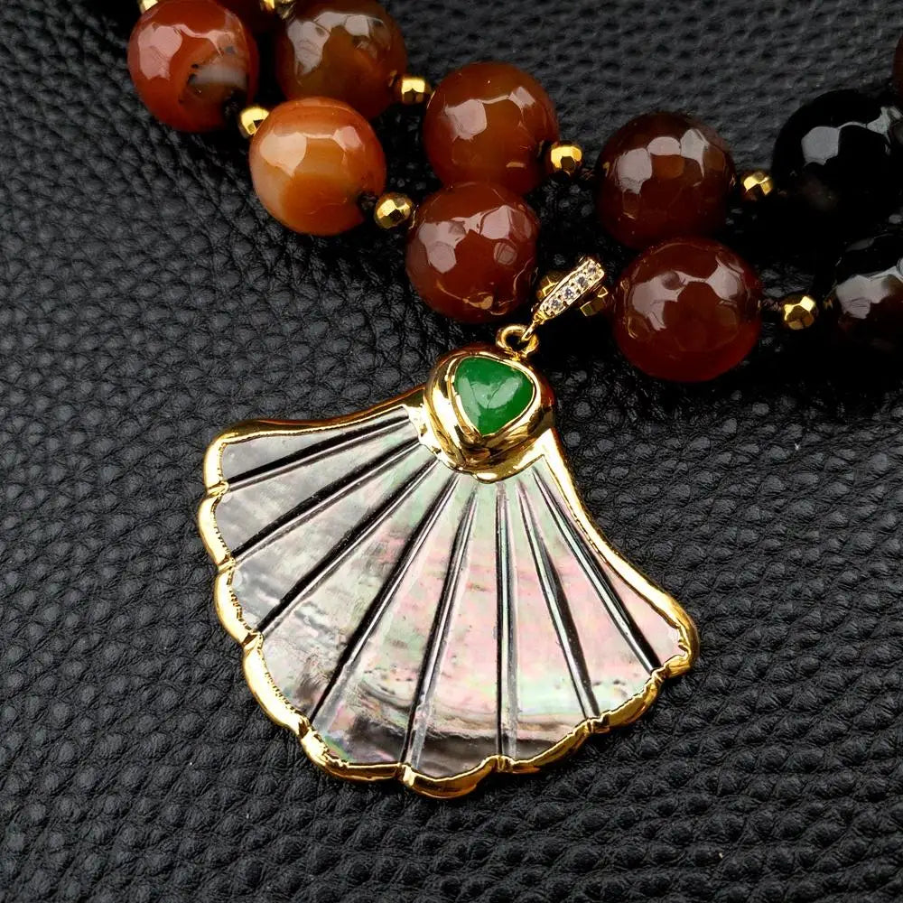 Statement Necklace 2 Rows Magic Agate Green Jade Buddha Black Shell Pendant 18"