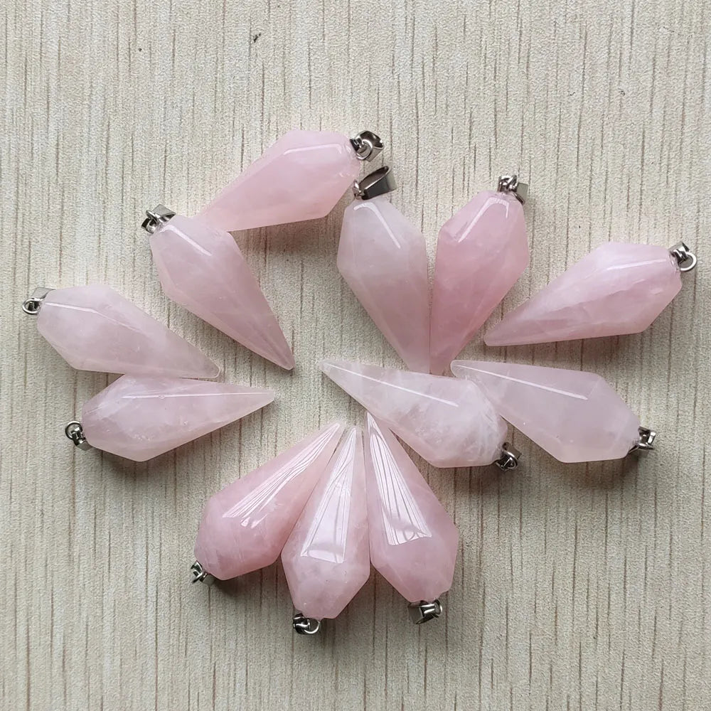 12pcs/lot good quality natural rose quartz stone pendulum pyramid pendants for jewelry making Wholesale