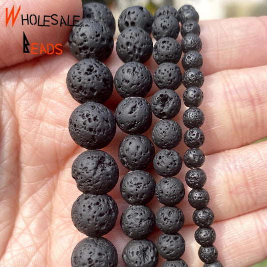 4-10mm Natural Stone Black Volcanic Rock Lava Round Spacer Loose Beads For DIY Jewelry Making Necklace Bracelet Accessories 15'' strand