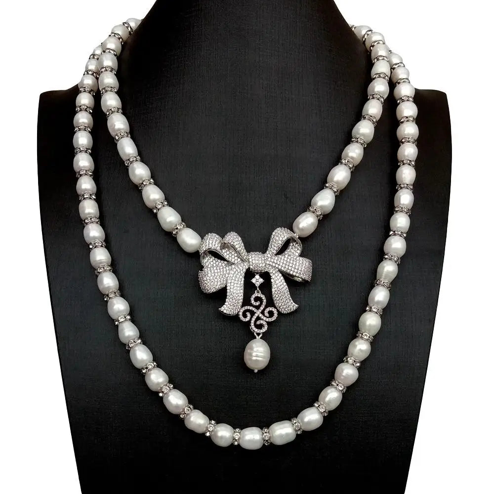 2 Rows Freshwater White Rice Pearl Necklace Bowknot Cubic Zirconia Pave Pendant